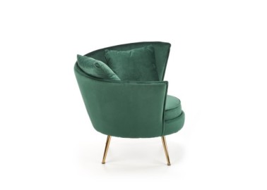 Glamūrinio stiliaus fotelis Almond su dviem pagalvėlėmis ir aukso spalvos kojelėmis.