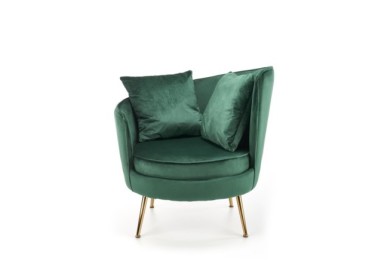 Glamūrinio stiliaus fotelis Almond su dviem pagalvėlėmis ir aukso spalvos kojelėmis.