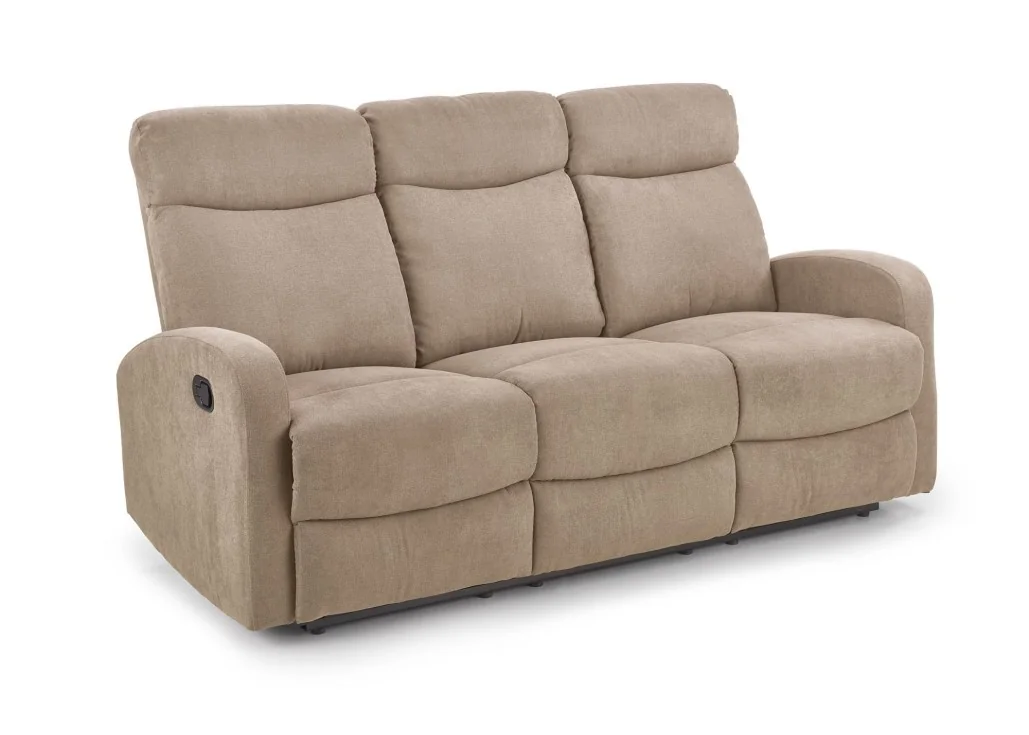 Tai šviesiai rudos spalvos trivietė sofa su paminkštintais apmušalais ir individualiai reguliuojamais mechanizmais kiekvienam sėdimajam segmentui, puikiai tinkanti patogiam poilsiui namuose.