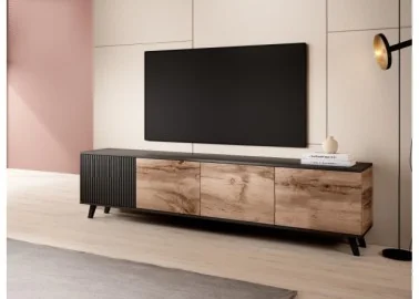 Tai elegantiškas ir funkcionalus TV staliukas su dviejų medinių durelių bei vienos juodos, vertikaliais grioveliais dekoruotos sekcijos dizainu.Jo modernus stilius ir rudos bei juodo spalvos paviršiaus derinys suteikia prabangos ir išskirtinumo bet kuriam gyvenamajam kambariui.