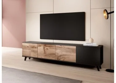 Tai elegantiškas ir funkcionalus TV staliukas su dviejų medinių durelių bei vienos juodos, vertikaliais grioveliais dekoruotos sekcijos dizainu.Jo modernus stilius ir rudos bei juodo spalvos paviršiaus derinys suteikia prabangos ir išskirtinumo bet kuriam gyvenamajam kambariui.