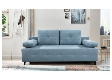 Šviesiai mėlynos, žydros spalvos maža daili sofa-lova su nuimamais porankiais, su patalynės dėže ir miegojimo funkcija