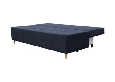 Tamsiai mėlynos spalvos maža daili sofa-lova su nuimamais porankiais, su patalynės dėže ir miegojimo funkcija