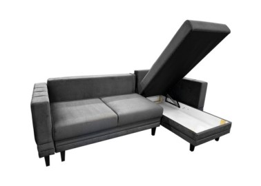 Pilkos spalvos modernaus dizaino universalus minkštas kampas su medinėmis aukštomis kojelėmis, miegama funkcija ir dviem patalynės dėžėmis