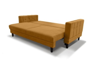 Garstyčių spalvos trivietė daili sofa-lova su patalynės dėže miegama funkcija medinėmis kojelėmis su miegama funkcija