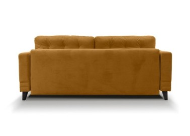 Garstyčių spalvos trivietė daili sofa-lova su patalynės dėže miegama funkcija medinėmis kojelėmis apmušta nugarėlė