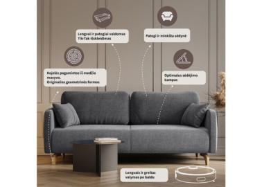 Pilkos spalvos minkšta tvirta kokybiška sofa-lova su medinėmis 15 cm aukščio kojėlėmis