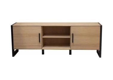Ąžuolo spalvos modernaus LOFT stiliaus TV staliukas su dvejomis durelėmis ir masyviomis juodomis metalinėmis kojomis