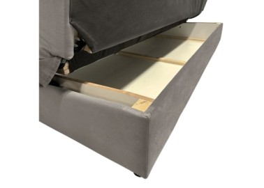 Žavaus dizaino pilkos spalvos veliūrinė standi pigi sofa-lova be porankių su spyruoklių bloku, miegama funkcija ir patalynės dėže