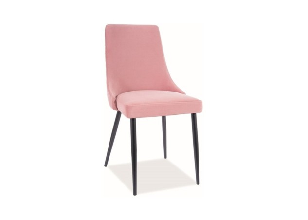 Rožinės spalvos matinio audinio valgomojo kėdė juodomis metalinėmis kojelėmis