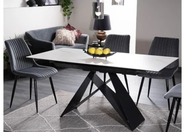 Marmuro spalvos modernaus dizaino išskleidžiamas stalas Signal Westin su metalinėmis juodomis kojomis