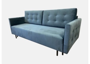 Mėlynos spalvos lietuvių gamybos sofa lova, pagaminta iš aukščiausios kokybės veliūrinio audinio. Sofa su miegojimo funkcija ir patalynės dėže