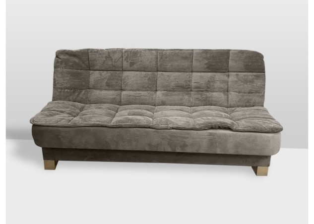 Pilkos spalvos velvetinė sofa-lova su chromuoto metalo kojelėmis.
