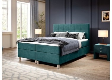 Šiuolaikiška, elegantiško modelio kontinentinė lova su dailiu galvūgaliu žalios spalvos