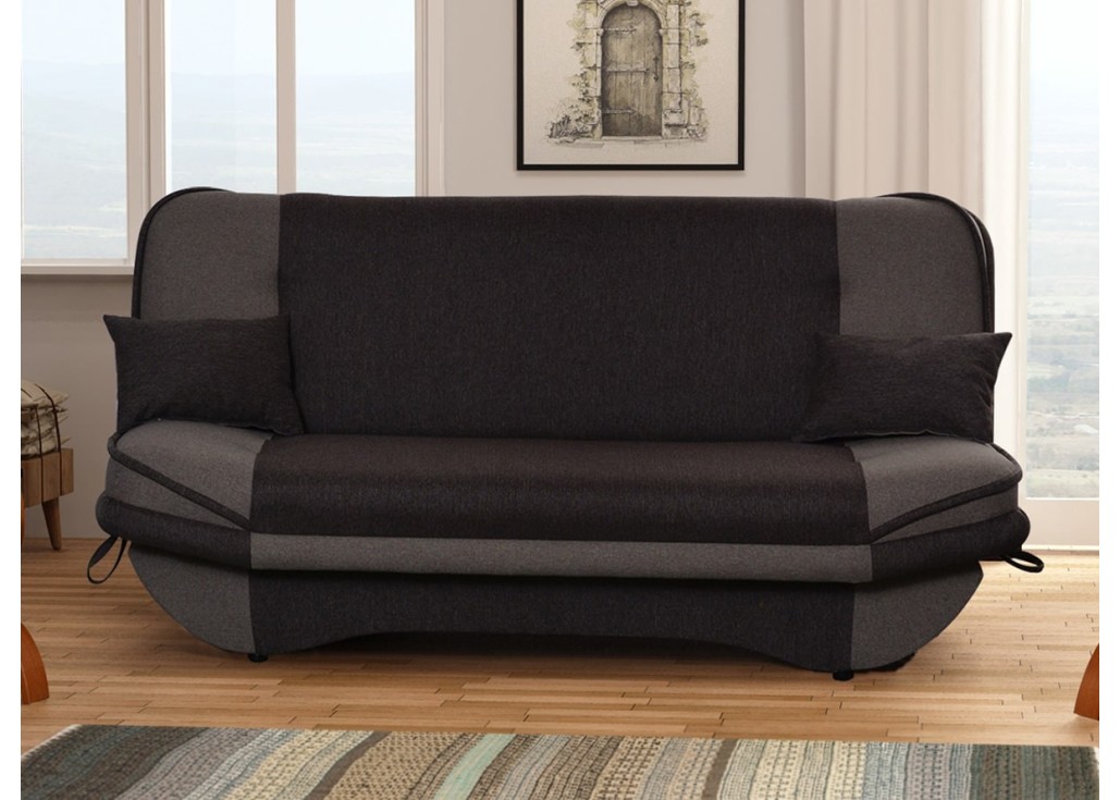 Stilinga ir praktiška sofa-lova su pagalvėlėmis pilkos ir juodos spalvos