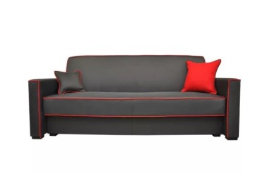 Klasikinio stiliaus sofa-lova su pagalvėlėmis ir dekoratyviomis siūlėmis tamsiai pilkos ir raudonos spalvos