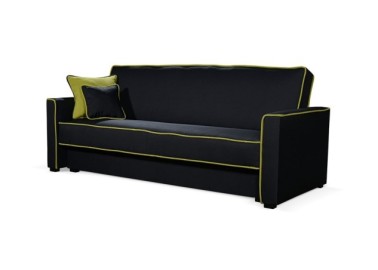 Klasikinio stiliaus sofa-lova su pagalvėlėmis ir dekoratyviomis siūlėmis juodos ir žalios spalvos
