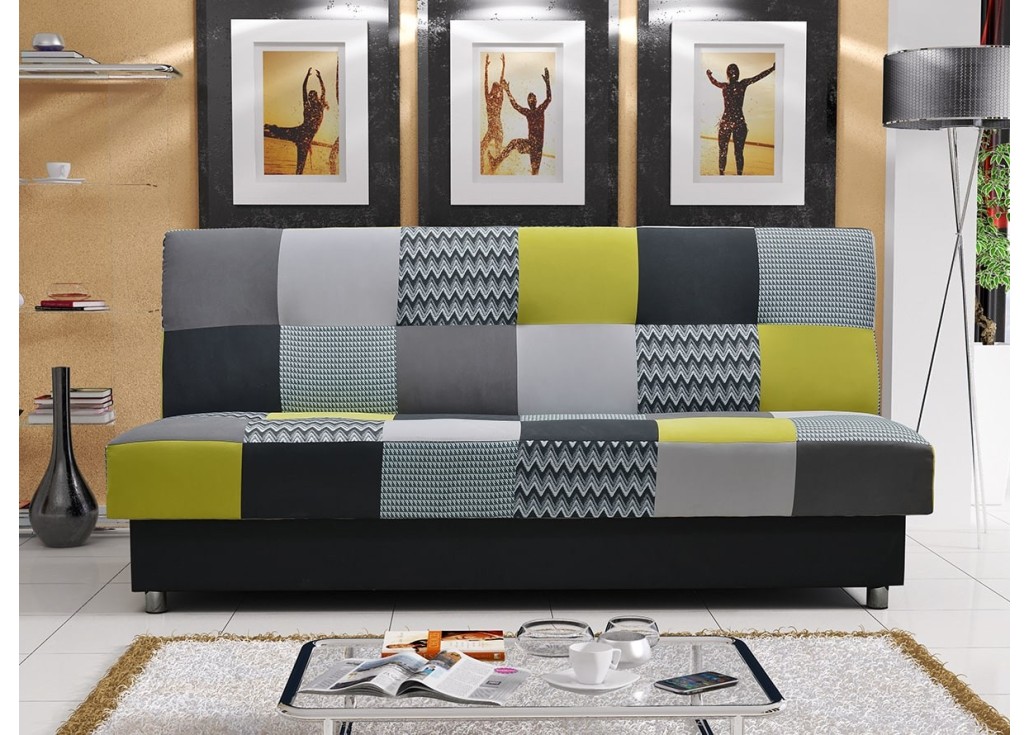 Klasikinio dizaino, praktiška sofa-lova pilka, marga ir geltona