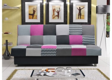 Klasikinio dizaino, praktiška sofa-lova pilka, marga ir violetinė