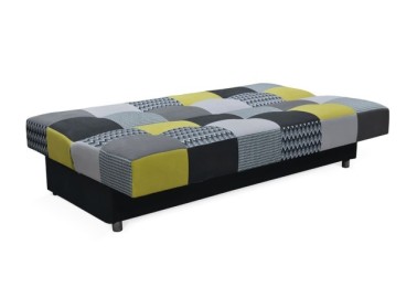 Klasikinio dizaino, praktiška sofa-lova pilka, marga ir geltona išskleista