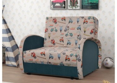 Dailus ir žaismingas miegamasis fotelis vaikų kambariui mėlynas su motociklais