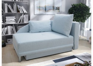 Žydros spalvos kompaktiškas ir patogus miegamasis fotelis su pagalvėlėmis