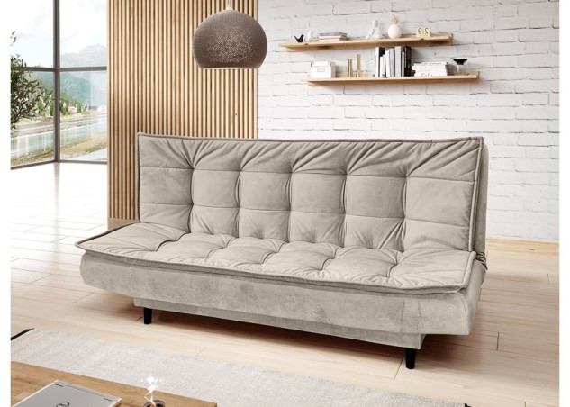 Šiuolaikiška, stilinga ir patogi sofa-lova aptraukta švelniu veliūriniu audiniu kreminės spalvos