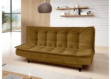 Šiuolaikiška, stilinga ir patogi sofa-lova aptraukta švelniu veliūriniu audiniu garstyčių spalvos