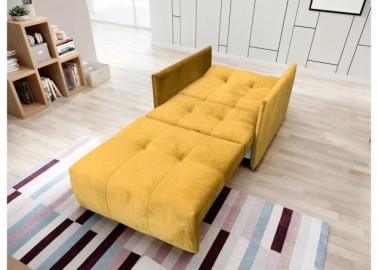 Žavingas modernaus dizaino patogus ir praktiškas miegamasis fotelis garstyčių spalvos išskleistas
