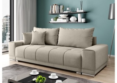 Šiuolaikiška modernaus dizaino sofa-lova su pagalvėlėmis, aptraukta švelniu gobelenu kreminės spalvos