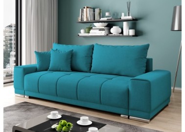 Šiuolaikiška modernaus dizaino sofa-lova su pagalvėlėmis, aptraukta švelniu gobelenu turkio spalvos