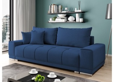Šiuolaikiška modernaus dizaino sofa-lova su pagalvėlėmis, aptraukta švelniu gobelenu melynos spalvos