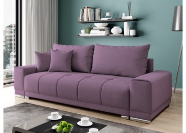 Šiuolaikiška modernaus dizaino sofa-lova su pagalvėlėmis, aptraukta švelniu gobelenu alyvinės spalvos