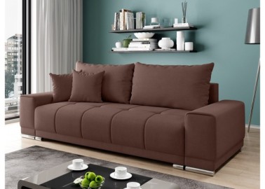 Šiuolaikiška modernaus dizaino sofa-lova su pagalvėlėmis, aptraukta švelniu gobelenu rudos spalvos