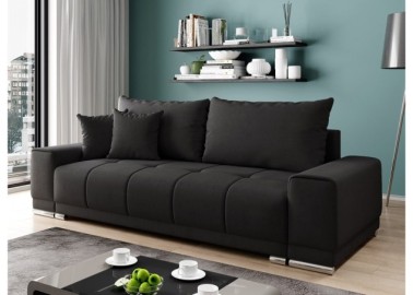 Šiuolaikiška modernaus dizaino sofa-lova su pagalvėlėmis, aptraukta švelniu gobelenu juodos spalvos