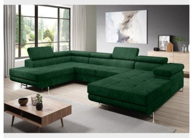 Modernaus dizaino, didelis, U formos, minkštas kampas su miegojimo funkcija ir  reguliuojamomis atramomis galvai žalios spalvos