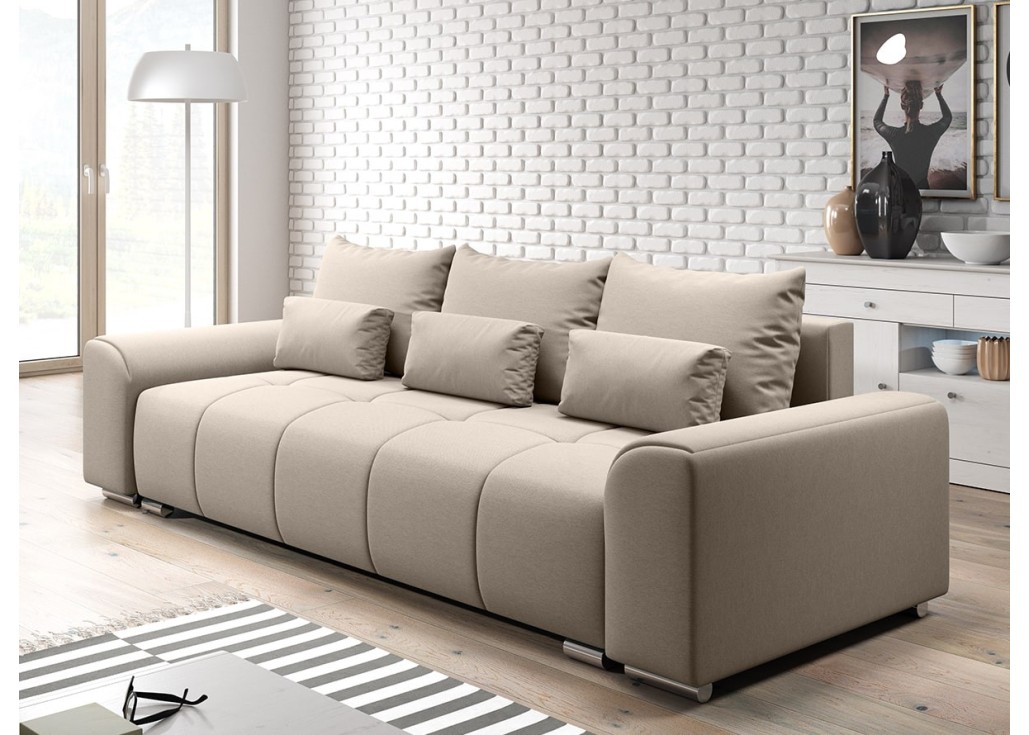 Šiuolaikiška modernaus dizaino sofa-lova su pagalvėlėmis, plačiais porankiais ir patalynės dėže kreminės spalvos Rob Ast