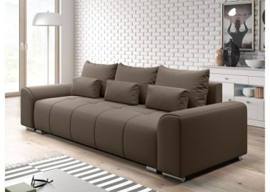 Šiuolaikiška modernaus dizaino sofa-lova su pagalvėlėmis, plačiais porankiais ir patalynės dėže rudos spalvos Rob Ast
