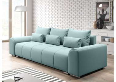 Šiuolaikiška modernaus dizaino sofa-lova su pagalvėlėmis, plačiais porankiais ir patalynės dėže šviesiai mėlynos spalvos Rob Ast