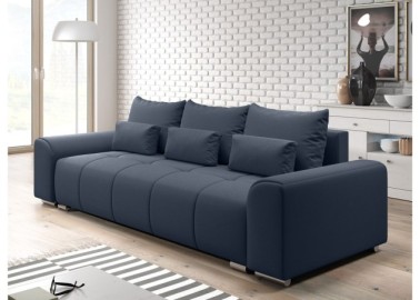 Šiuolaikiška modernaus dizaino sofa-lova su pagalvėlėmis, plačiais porankiais ir patalynės dėže mėlynos spalvos Rob Ast