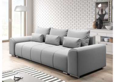 Šiuolaikiška modernaus dizaino sofa-lova su pagalvėlėmis, plačiais porankiais ir patalynės dėže šviesiai pilkos spalvos Rob Ast