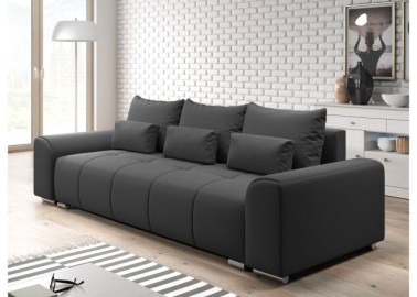 Šiuolaikiška modernaus dizaino sofa-lova su pagalvėlėmis, plačiais porankiais ir patalynės dėže juodos spalvos Rob Ast