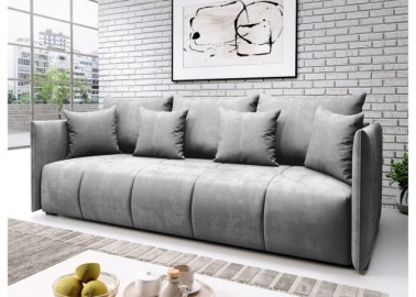 Elegantiška ir moderni veliūrinio audinio sofa-lova su pagalvėlėmis šviesiai pilkos spalvos Rob Asp