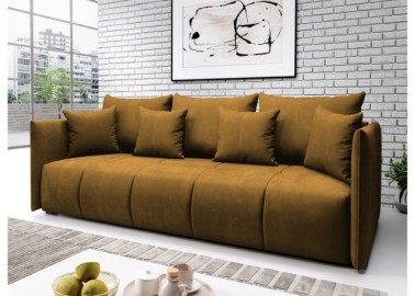 Elegantiška ir moderni veliūrinio audinio sofa-lova su pagalvėlėmis garstyčių spalvos Rob Asp