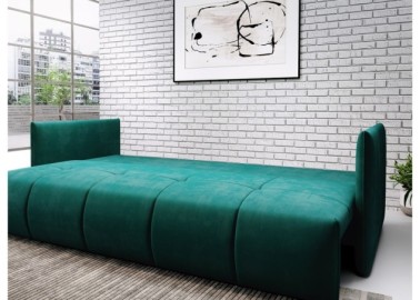 Elegantiška ir moderni veliūrinio audinio sofa-lova su pagalvėlėmis žalios spalvos Rob Asp miegojimo funkcija