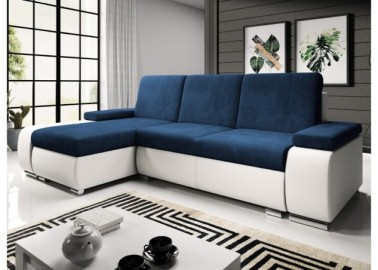 Modernaus dizaino minkštas kampas su patogiomis pagalvėlėmis ir plačiais porankiais baltos ir tamsiai mėlynos spalvos Rob Lat