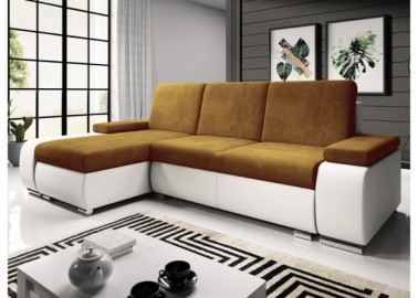Modernaus dizaino minkštas kampas su patogiomis pagalvėlėmis ir plačiais porankiais baltos ir garstyčių spalvos Rob Lat