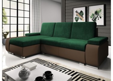 Modernaus dizaino minkštas kampas su patogiomis pagalvėlėmis ir plačiais porankiais rudos ir žalios spalvos Rob Lat