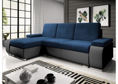 Modernaus dizaino minkštas kampas su patogiomis pagalvėlėmis ir plačiais porankiais juodos ir tamsiai mėlynos spalvos Rob Lat
