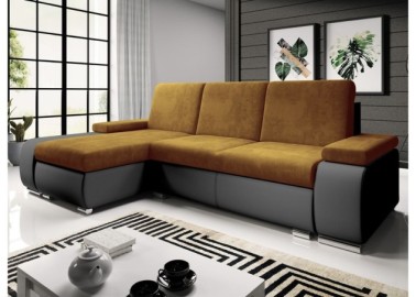 Modernaus dizaino minkštas kampas su patogiomis pagalvėlėmis ir plačiais porankiais juodos ir garstyčių spalvos Rob Lat